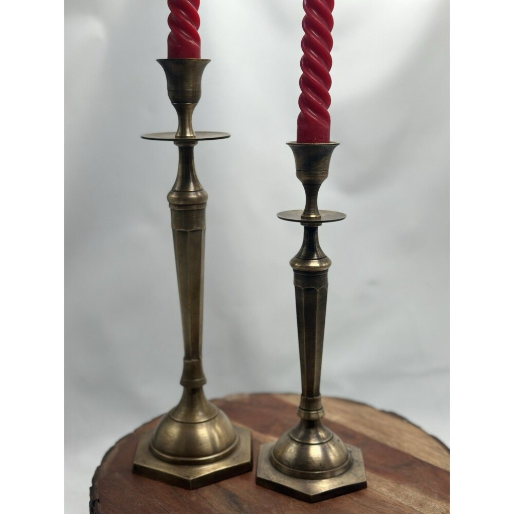 Antique Brass Bronze Colonial Chamber Candlestick Holders Solid, Heavy, Patina